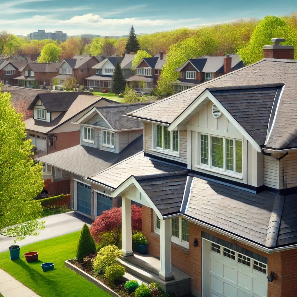 Freshly shingled roofs and eavestroughs on North York homes in spring