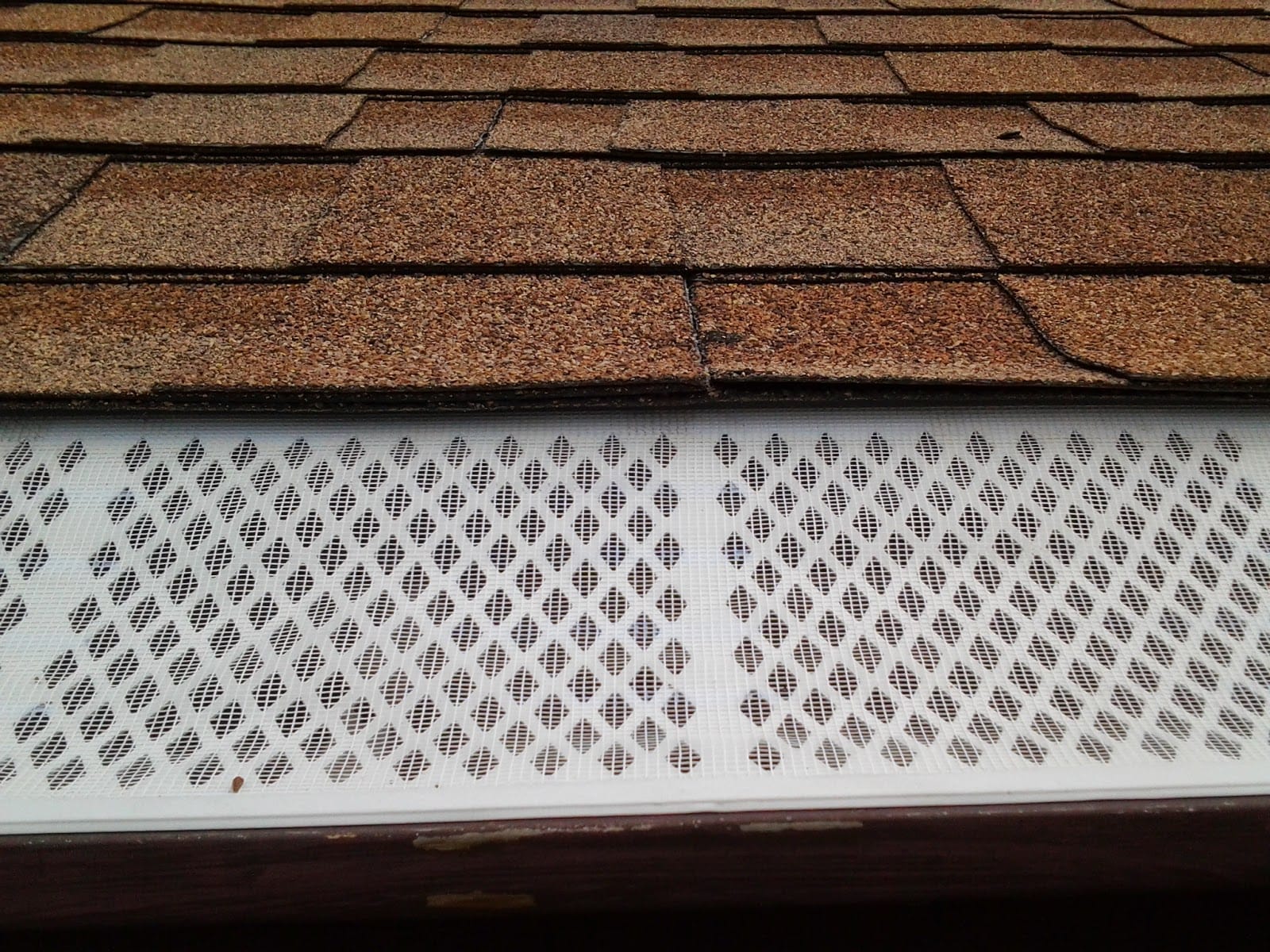 Close-up of perforated aluminum leaf guard installed on an eavestrough under asphalt shingles