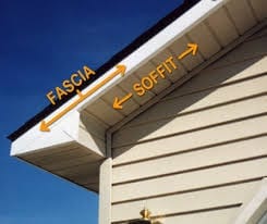 Diagram showing the fascia board and soffit panels under a roof overhang